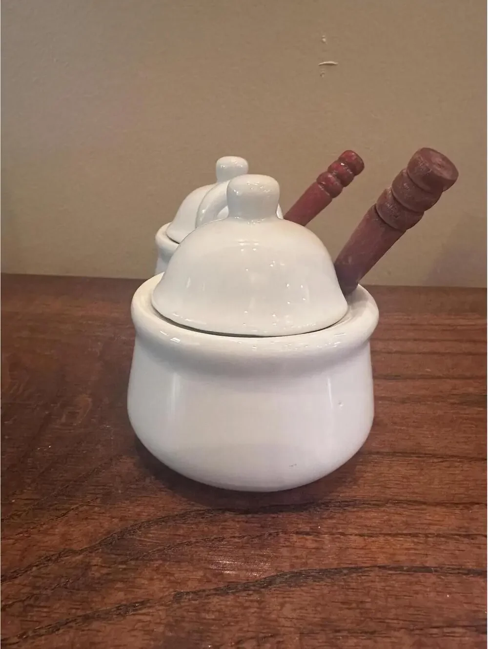 Ceramic Double Condiment Server With Wood Handled Spoons